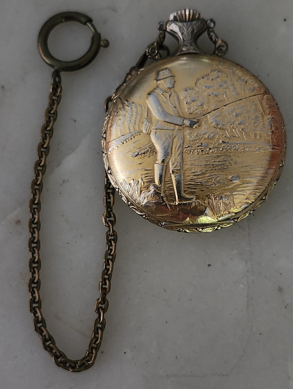 Vtg Arnex Gold-Tone Engraved Pocket Watch with Chain - Fisherman Scene